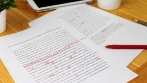 From Student To Professional - How Essay Writing Skills Can Help Your Career - an essay on a piece of paper with a red pen making notes and revisions.