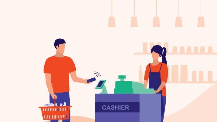 How To Write A Cashier Resume - a happy cashier processes a customer transaction in a retail store.