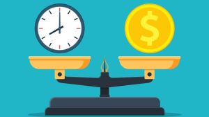 Salary Myths Debunked - a dollar sign and a clock balanced on a scale.