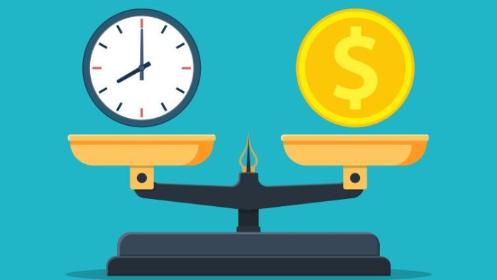 Salary Myths Debunked - a dollar sign and a clock balanced on a scale.