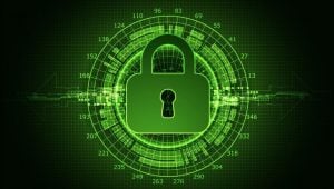 Best Cybersecurity Practices for Remote Workers - a green lock over a stream of computer data.